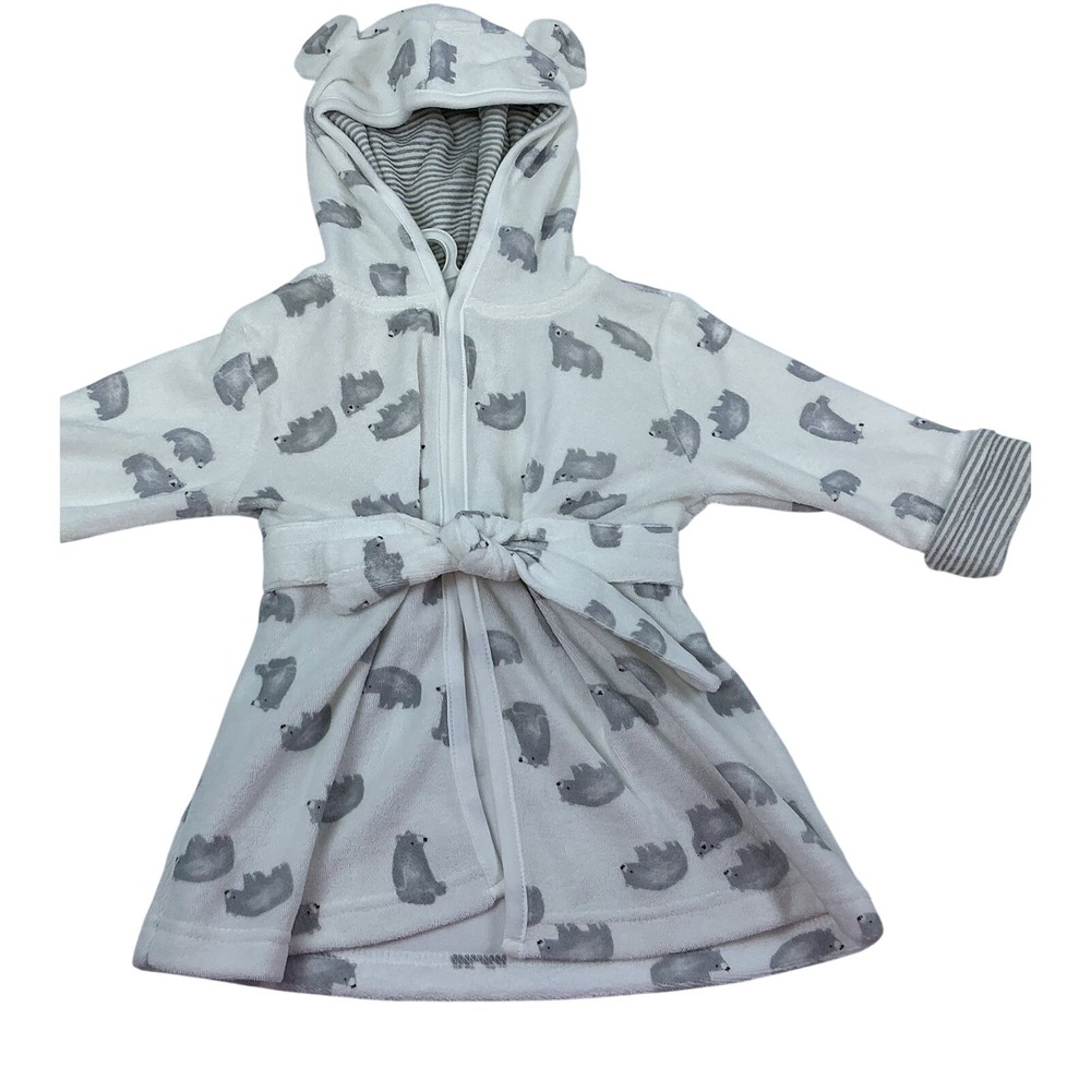 Just One You by Carter's Baby White Bear Print Bath Robe Tie Waist ‎ Size 0-9M